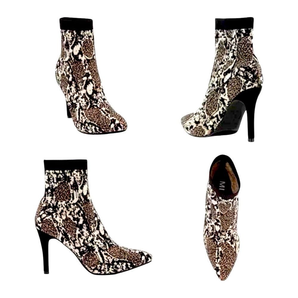 MIA McKinley Snake Print Sock Booties Sz 8.5 Stretch Knit Fabric Stiletto Heel